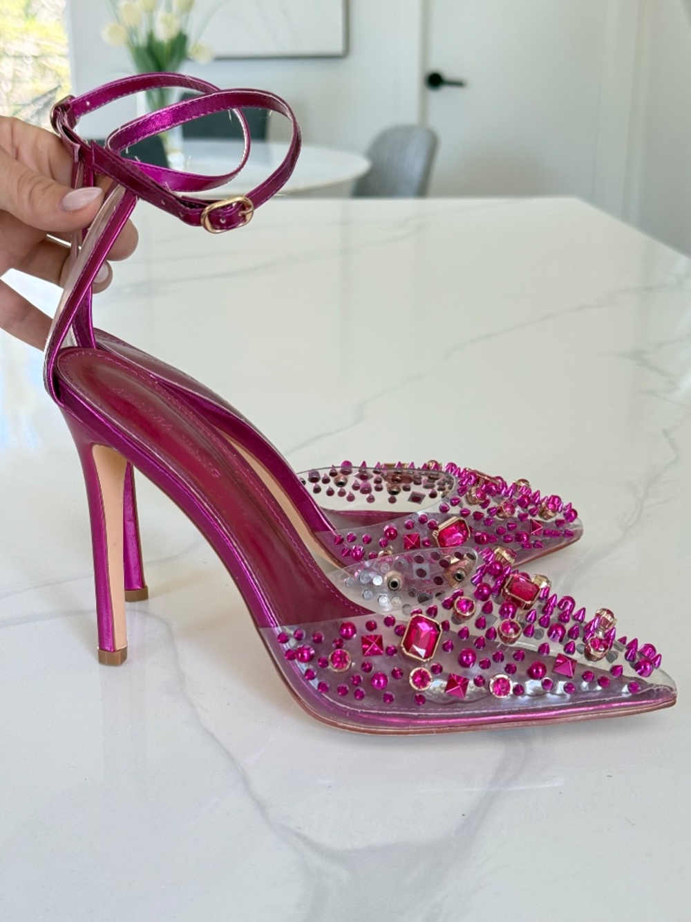 Azalea Wang Arthelia Pink Crystal Embellished Clear Pumps - Picture 5 of 14